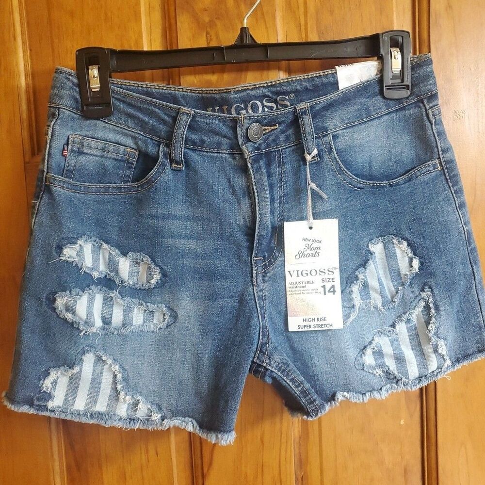 Vigoss Medium Blue Distressed High-Rise Jean Shorts with Striped Patch